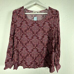 Loft Womens Petite Small Burgundy Floral Long-Sleeve Square Neck Blouse Top New